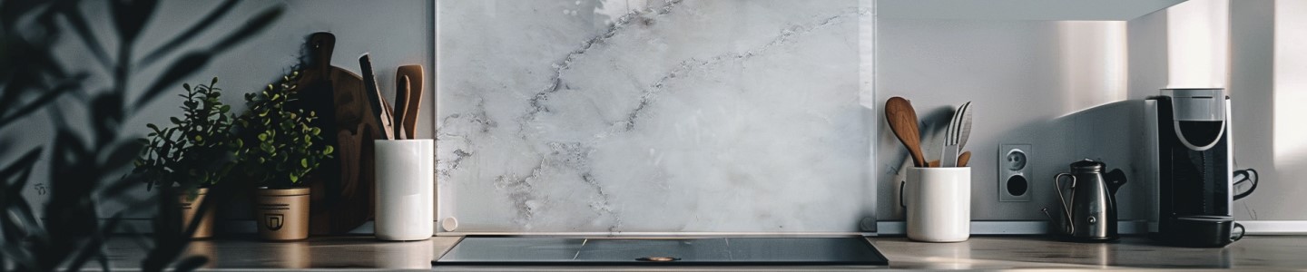 Elegante Küchenarbeitsfläche mit Marmorrückwand, Holzutensilien in Bechern, Pflanzen und moderner Kaffeemaschine